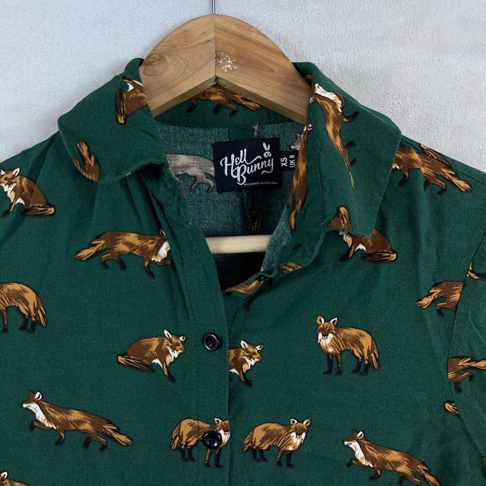 Hell Bunny Vixey Fox Blouse Forest Green Woodland Button Up Women's XS Twee - Picture 2 of 9
